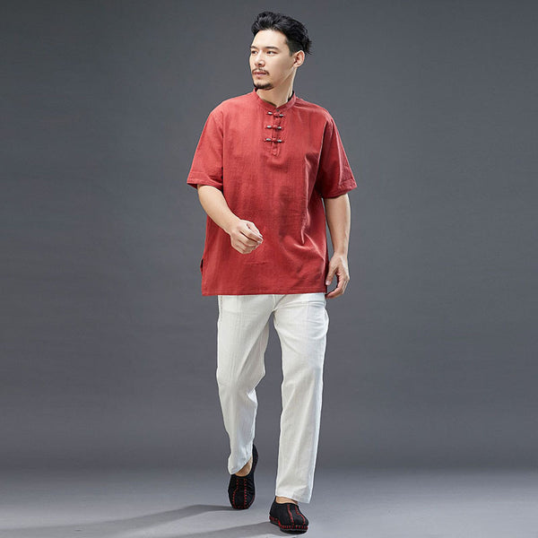 Men Modern Aisian Style Linen and Cotton Round Necked Short Sleeve T-shirt