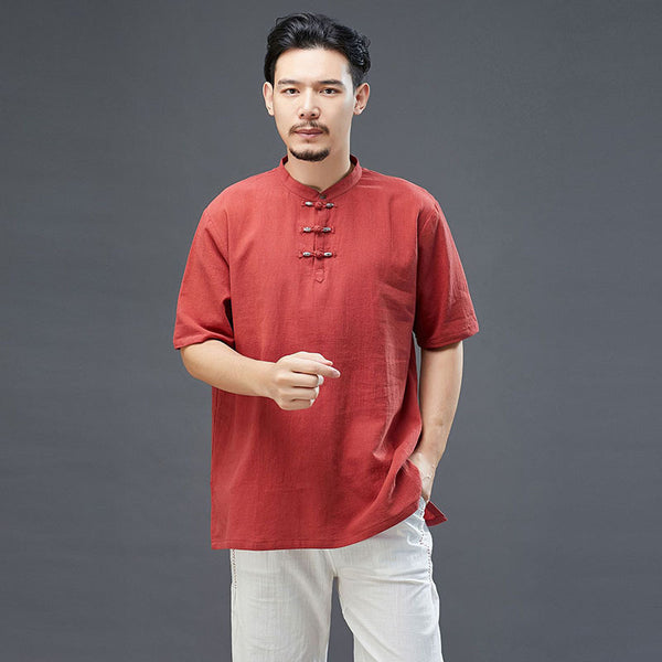 Men Modern Aisian Style Linen and Cotton Round Necked Short Sleeve T-shirt