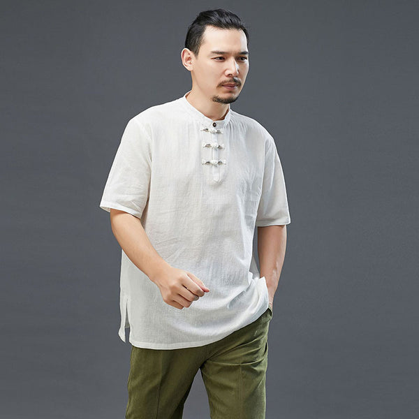 Men Modern Aisian Style Linen and Cotton Round Necked Short Sleeve T-shirt