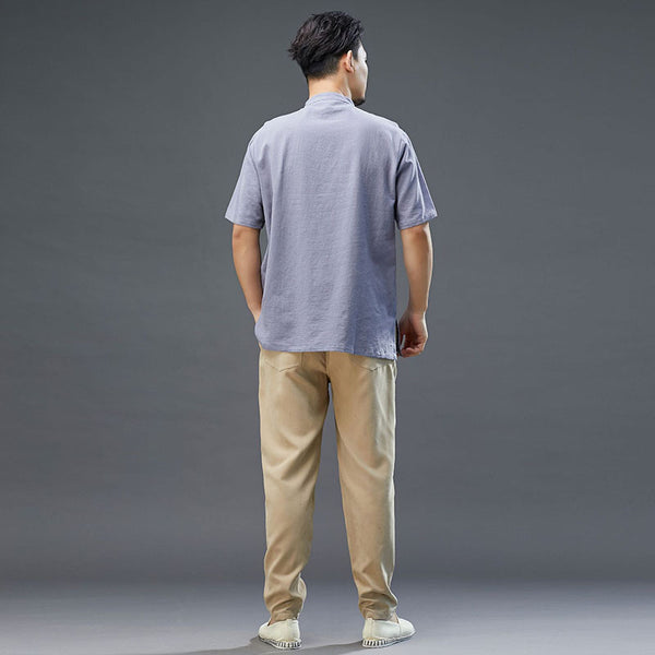 Men Modern Aisian Style Linen and Cotton Round Necked Short Sleeve T-shirt