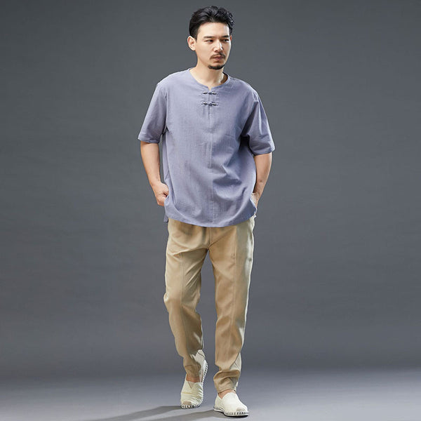 Men Retro Style Linen and Cotton Top Buckle Round Necked Short Sleeve T-shirt