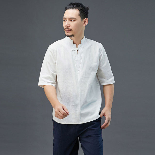 Men Modern Aisian Style Linen and Cotton Top Buckle Short Sleeve T-shirt