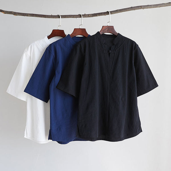 Men Modern Aisian Style Linen and Cotton Top Buckle Short Sleeve T-shirt