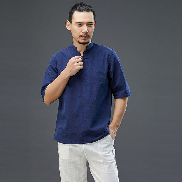 Men Modern Aisian Style Linen and Cotton Top Buckle Short Sleeve T-shirt