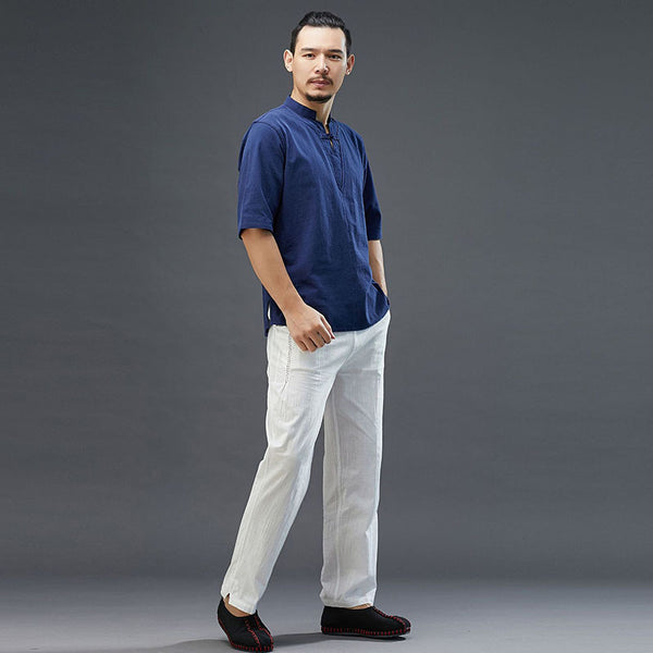 Men Modern Aisian Style Linen and Cotton Top Buckle Short Sleeve T-shirt