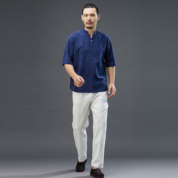 Men Modern Aisian Style Linen and Cotton Top Buckle Short Sleeve T-shirt