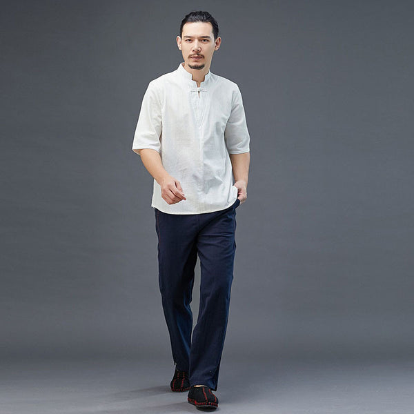 Men Modern Aisian Style Linen and Cotton Top Buckle Short Sleeve T-shirt