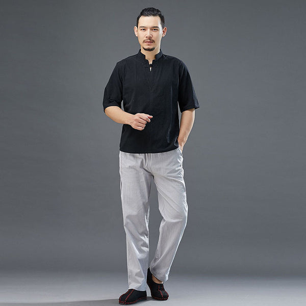 Men Modern Aisian Style Linen and Cotton Top Buckle Short Sleeve T-shirt
