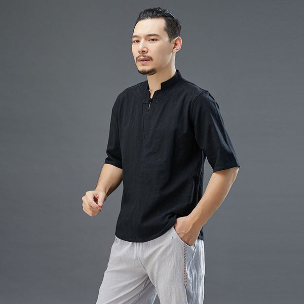 Men Modern Aisian Style Linen and Cotton Top Buckle Short Sleeve T-shirt
