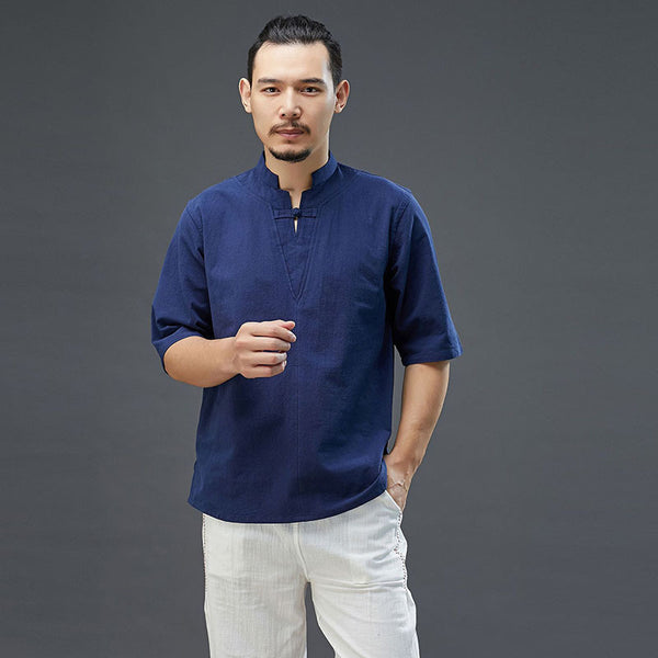 Men Modern Aisian Style Linen and Cotton Top Buckle Short Sleeve T-shirt