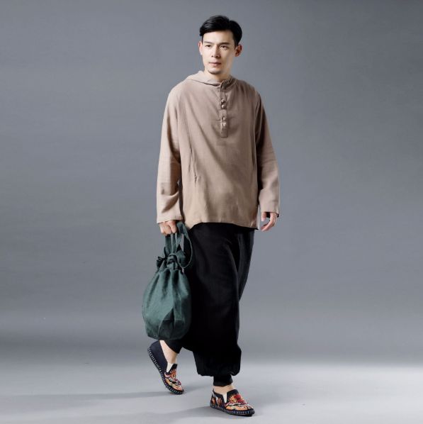 Men Casual Pullover Linen and Cotton Hoodies Top