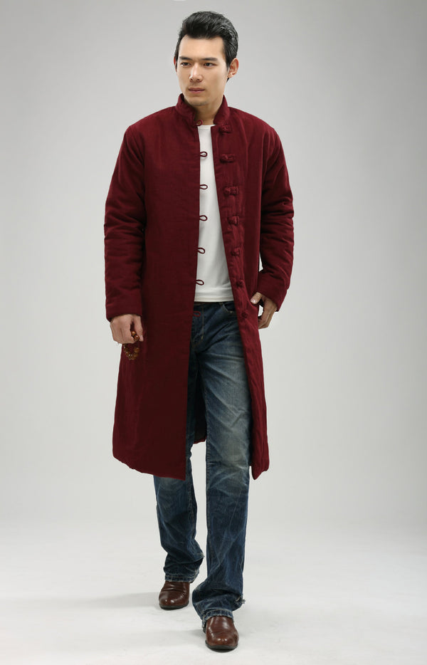 Women/Men Retro Style Long Buckle Linen and Cotton Quilted Coat