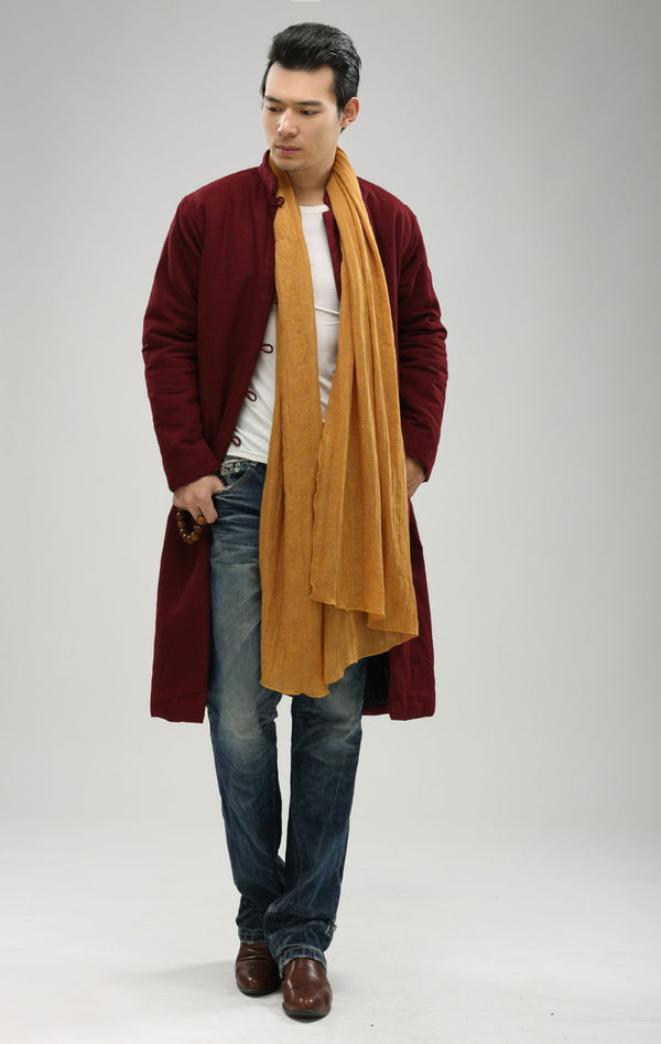 Men/Women Retro Style Long Buckle Linen and Cotton Quilted Coat