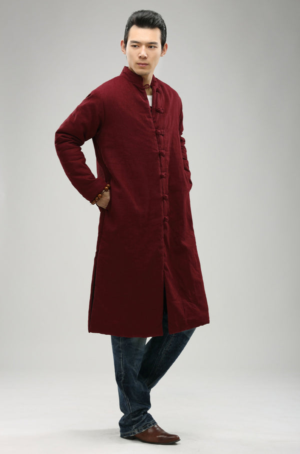 Women/Men Retro Style Long Buckle Linen and Cotton Quilted Coat