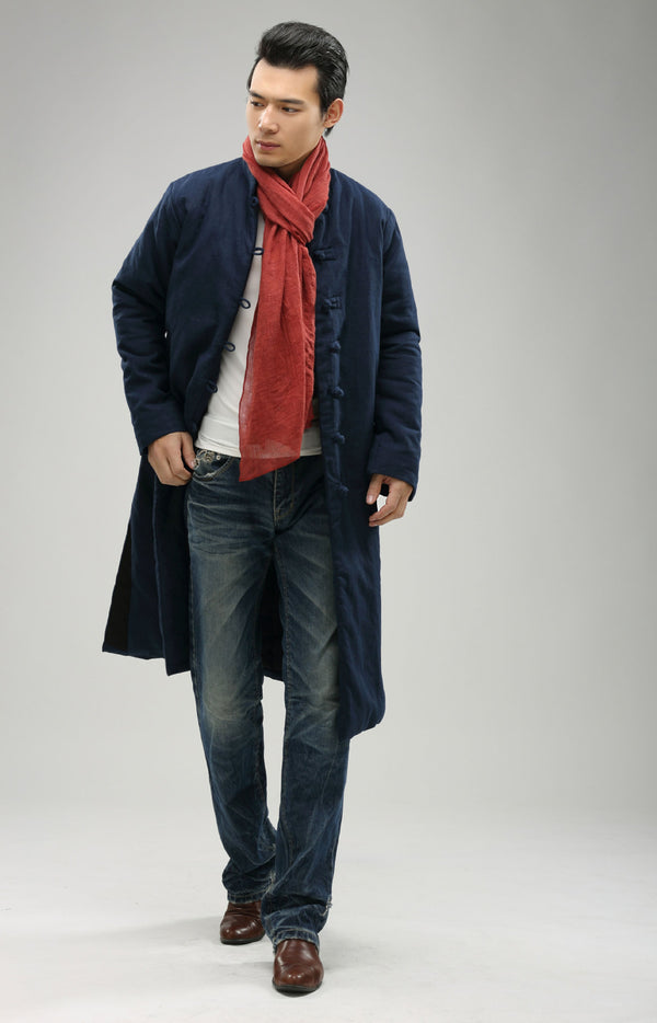 Men/Women Retro Style Long Buckle Linen and Cotton Quilted Coat