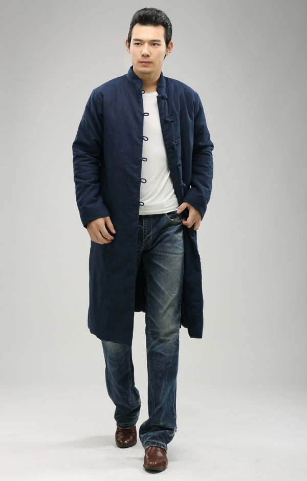 Men/Women Retro Style Long Buckle Linen and Cotton Quilted Coat