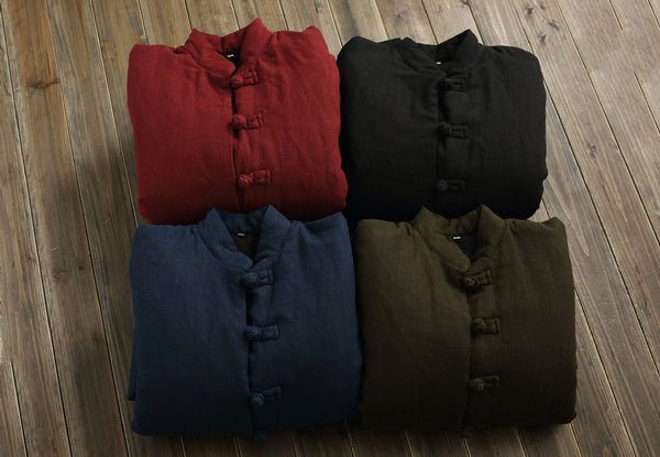 Men/Women Retro Style Long Buckle Linen and Cotton Quilted Coat
