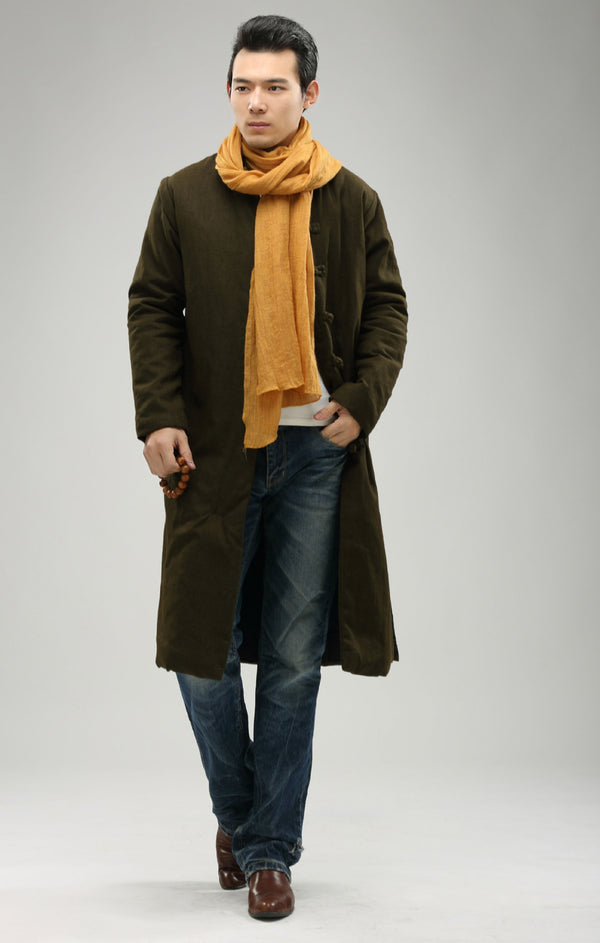 Women/Men Retro Style Long Buckle Linen and Cotton Quilted Coat