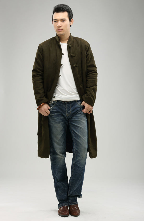 Women/Men Retro Style Long Buckle Linen and Cotton Quilted Coat