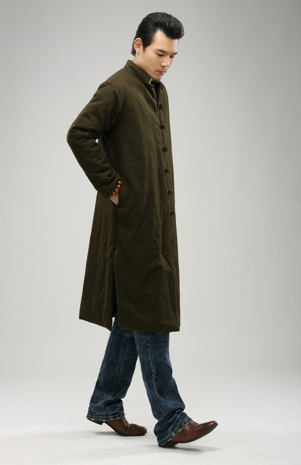 Women/Men Retro Style Long Buckle Linen and Cotton Quilted Coat