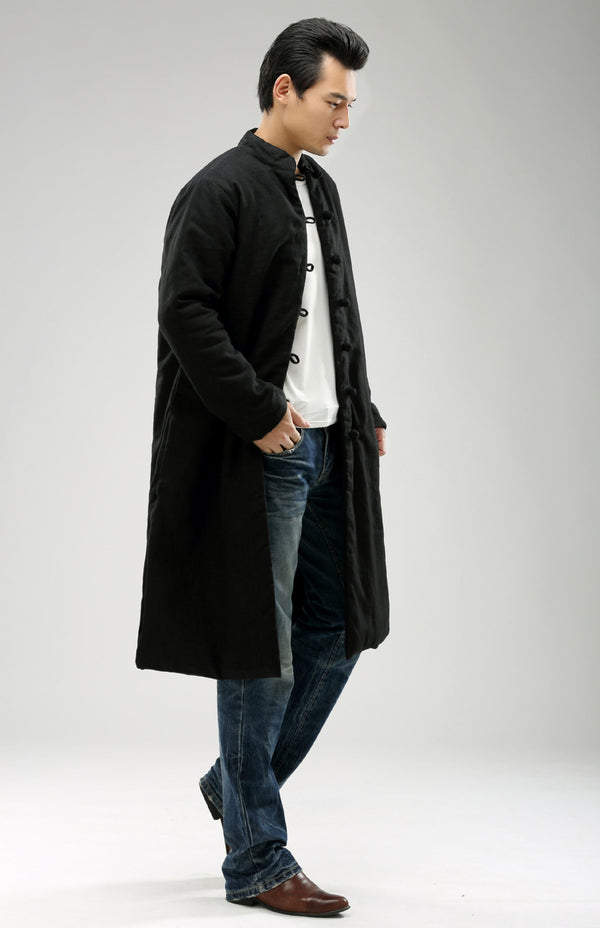 Women/Men Retro Style Long Buckle Linen and Cotton Quilted Coat