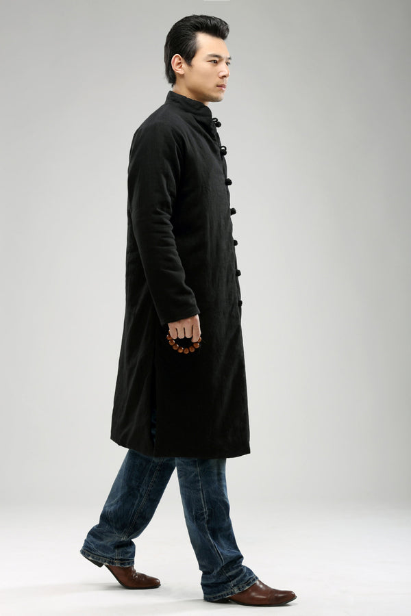 Women/Men Retro Style Long Buckle Linen and Cotton Quilted Coat