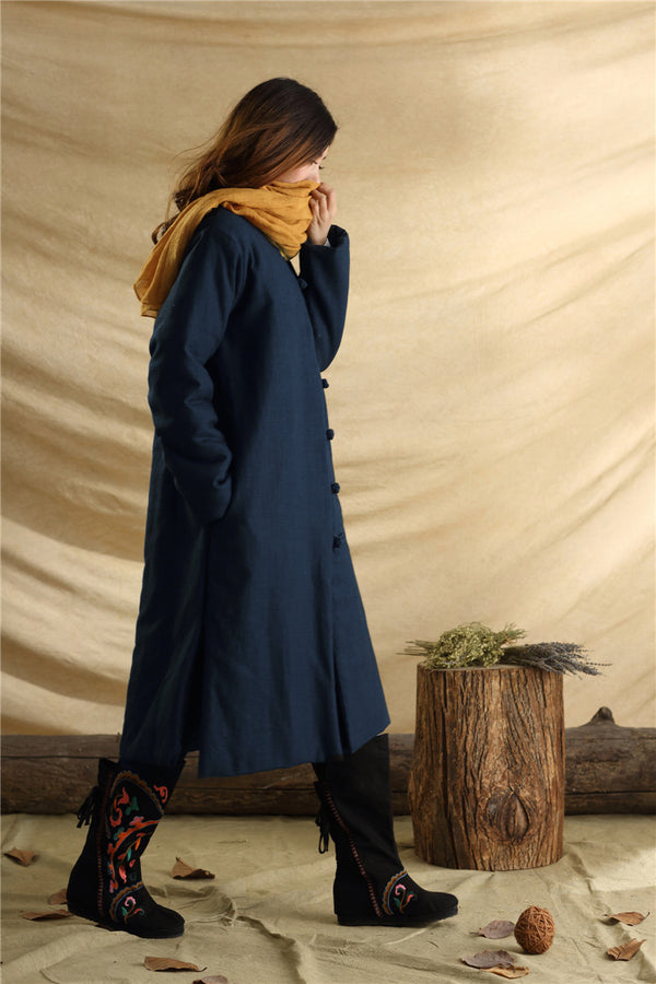 Women/Men Retro Style Long Buckle Linen and Cotton Quilted Coat