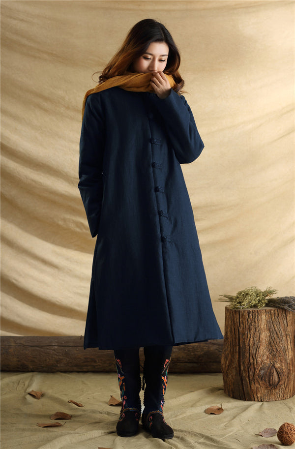 Men/Women Retro Style Long Buckle Linen and Cotton Quilted Coat