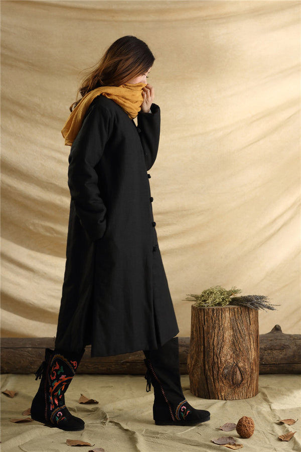 Men/Women Retro Style Long Buckle Linen and Cotton Quilted Coat
