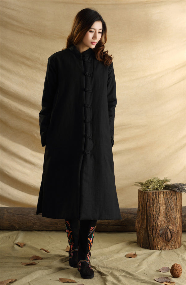 Men/Women Retro Style Long Buckle Linen and Cotton Quilted Coat