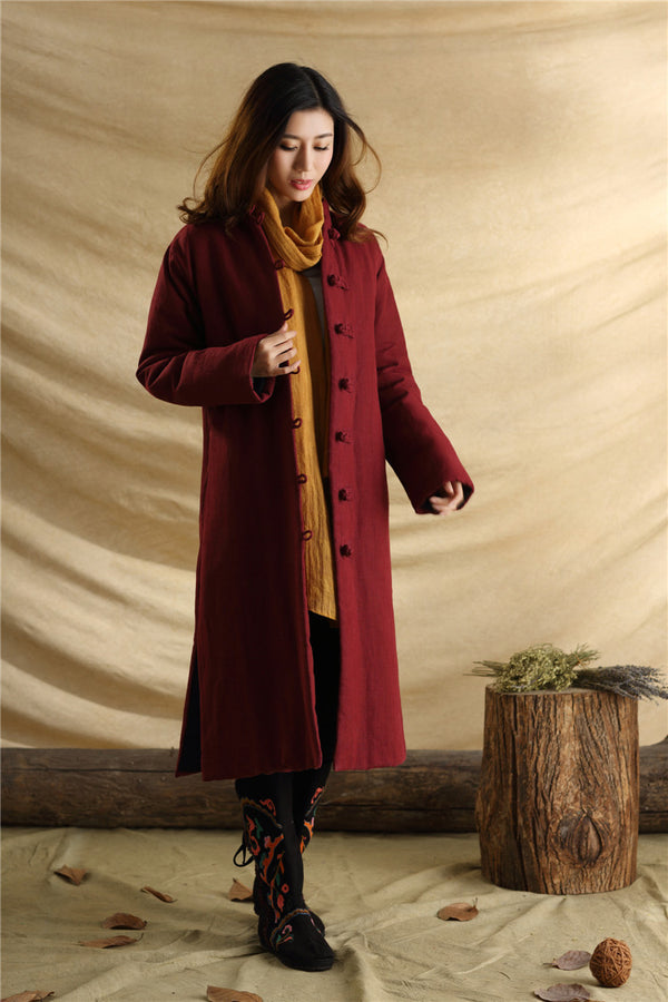 Women/Men Retro Style Long Buckle Linen and Cotton Quilted Coat