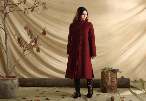 Men/Women Retro Style Long Buckle Linen and Cotton Quilted Coat