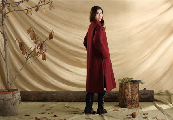 Men/Women Retro Style Long Buckle Linen and Cotton Quilted Coat