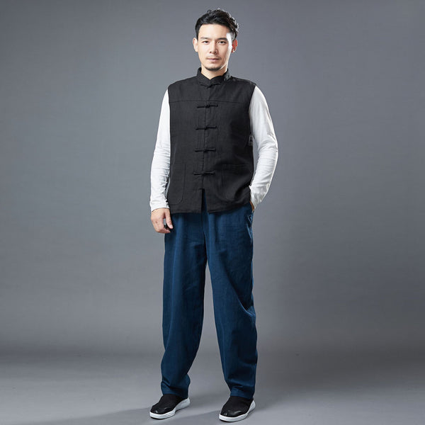 Men Asian Style Pure Color Linen and Cotton Vest (Inner with Velvet)