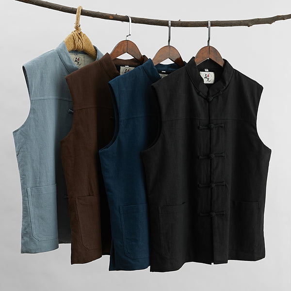 Men Asian Style Pure Color Linen and Cotton Vest (Inner with Velvet)