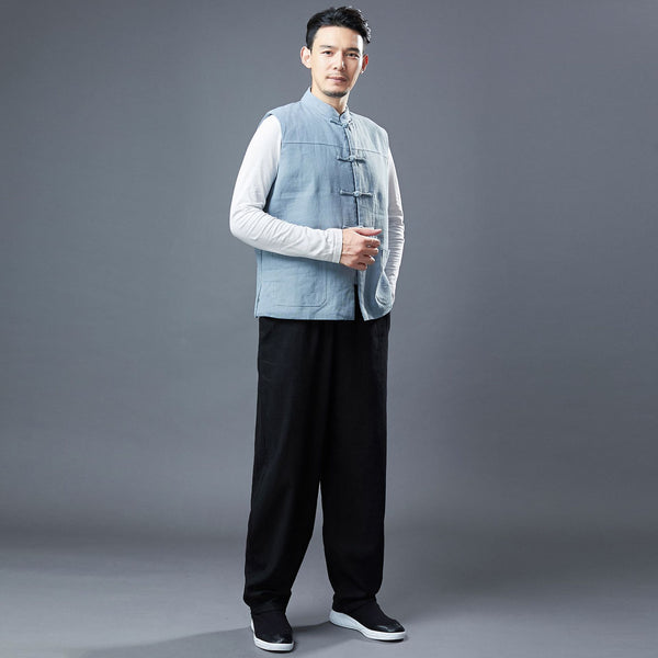 Men Asian Style Pure Color Linen and Cotton Vest (Inner with Velvet)