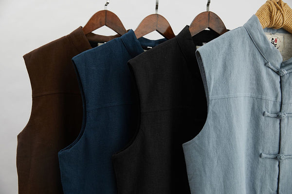 Men Asian Style Pure Color Linen and Cotton Vest (Inner with Velvet)