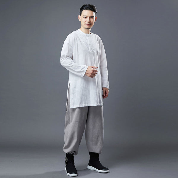 Men Classic Style Linen and Cotton Long Sleeve Tunic Shirt
