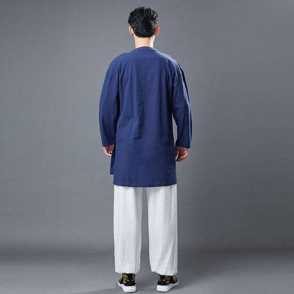 Men Classic Style Linen and Cotton Long Sleeve Tunic Shirt