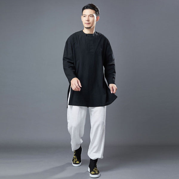 Men Classic Style Linen and Cotton Long Sleeve Tunic Shirt