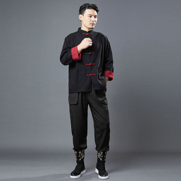 Men Classic Style Linen and Cotton Long Sleeve KungFu Set (Top + Pants)