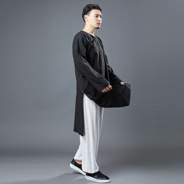 Men Classic Asian Style Linen Long Sleeve Round Neck Cheongsam
