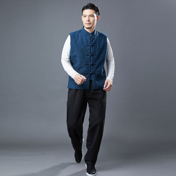 Men Asian Style Pure Color Linen and Cotton Vest (Inner with Velvet)