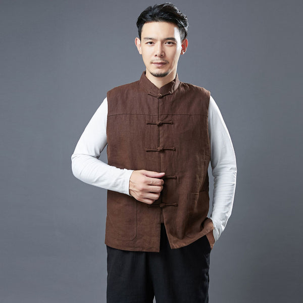 Men Asian Style Pure Color Linen and Cotton Vest (Inner with Velvet)