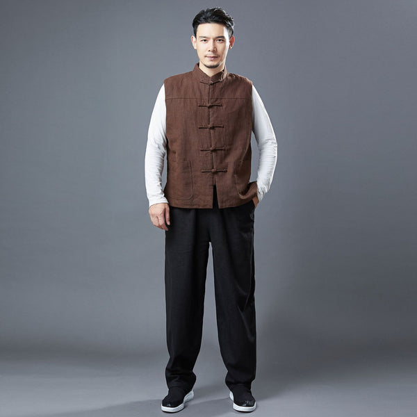 Men Asian Style Pure Color Linen and Cotton Vest (Inner with Velvet)