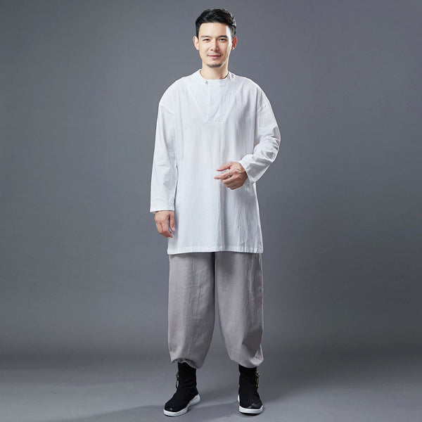 Men Classic Style Linen and Cotton Long Sleeve Tunic Shirt