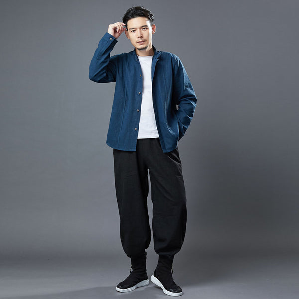 Men Asian Style Linen and Cotton Long Sleeve Stand Collar Jacket