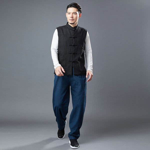 Men Asian Style Pure Color Linen and Cotton Vest (Inner with Velvet)