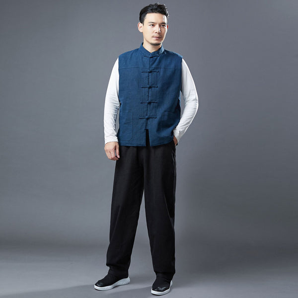 Men Asian Style Pure Color Linen and Cotton Vest (Inner with Velvet)