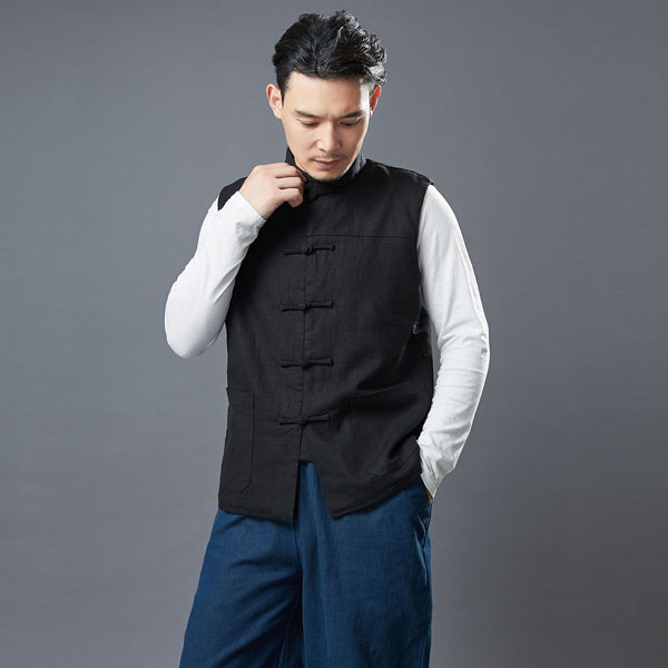 Men Asian Style Pure Color Linen and Cotton Vest (Inner with Velvet)
